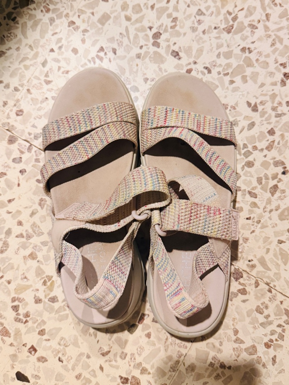 Skechers Cream Sandals with Multicolor Woven Straps